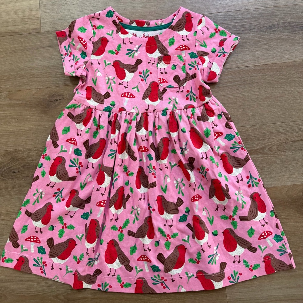 NWT. Mini Boden Pink Robin Print Cotton Dress, Size 4-5y